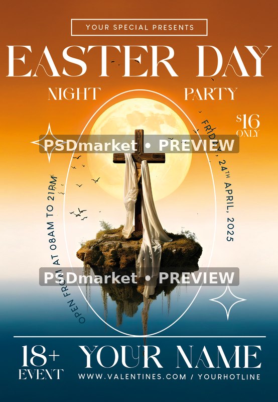 Floating Cross Easter Day Party Flyer PSD Template — PSD template preview
