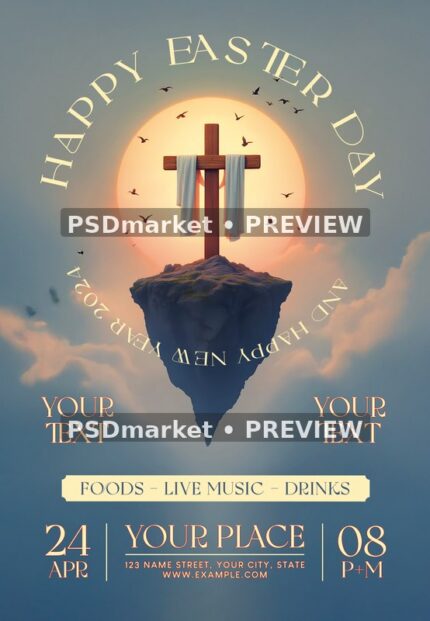Floating Island Cross Happy Easter Flyer PSD Template — PSD template preview