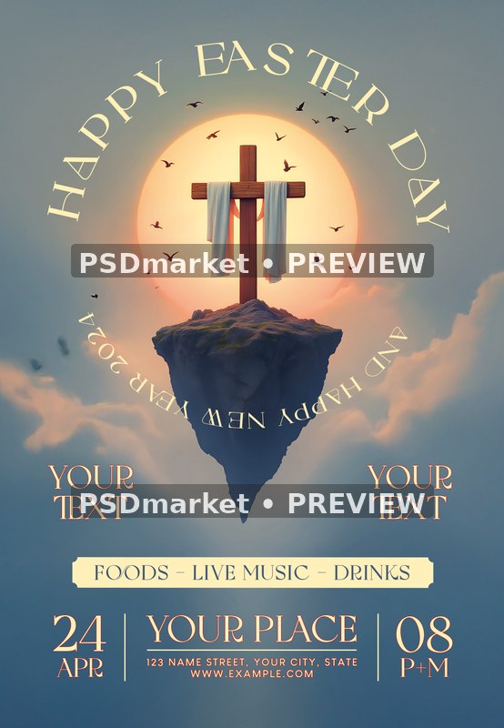 Floating Island Cross Happy Easter Flyer PSD Template — PSD template preview