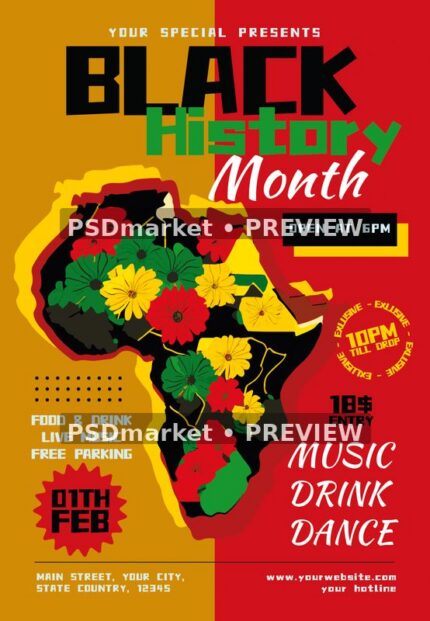 Floral Africa Black History Month Flyer PSD Template — PSD template preview