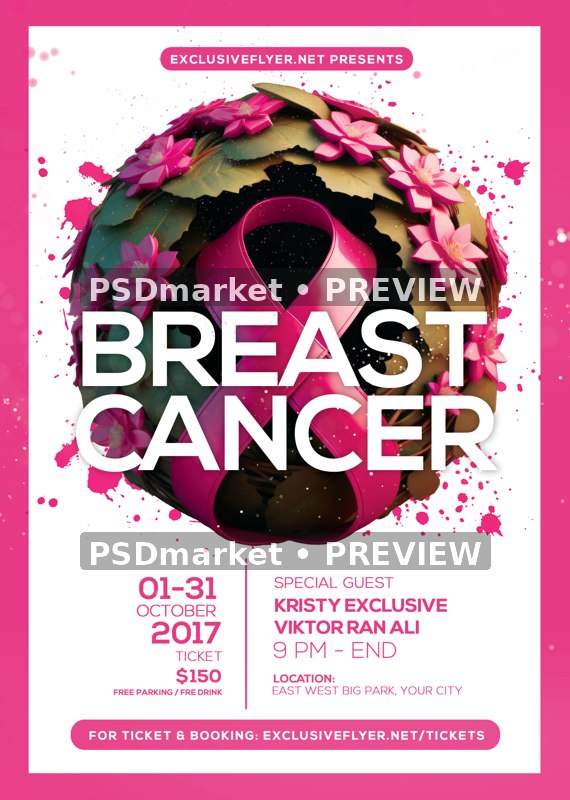 Floral Pink Ribbon Breast Cancer Awareness Flyer PSD Template — PSD template preview
