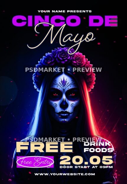 Floral Skull Cinco De Mayo Flyer PSD Template — PSD template preview