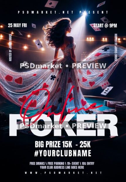 Flowing Card Dress Online Poker Flyer — reduced watermarked source artwork preview