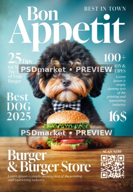 Fluffy Dog Bon Appetit Burger Flyer PSD Template — PSD template preview