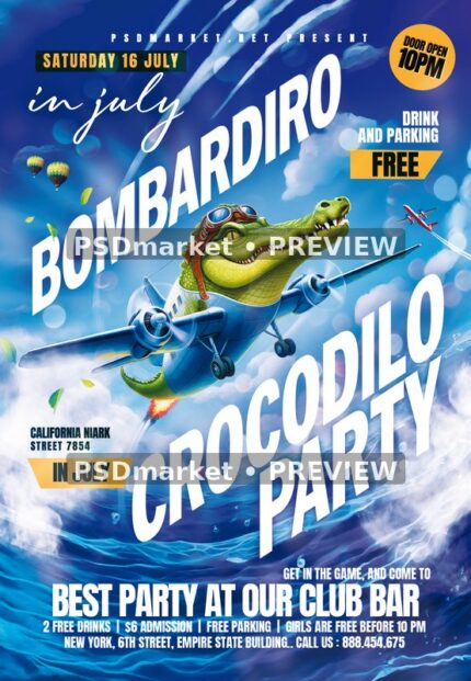 Flying Crocodile Bombardiro Club Party Flyer PSD Template — PSD template preview