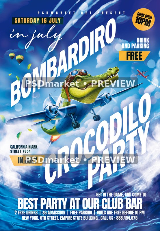 Flying Crocodile Bombardiro Club Party Flyer PSD Template — PSD template preview