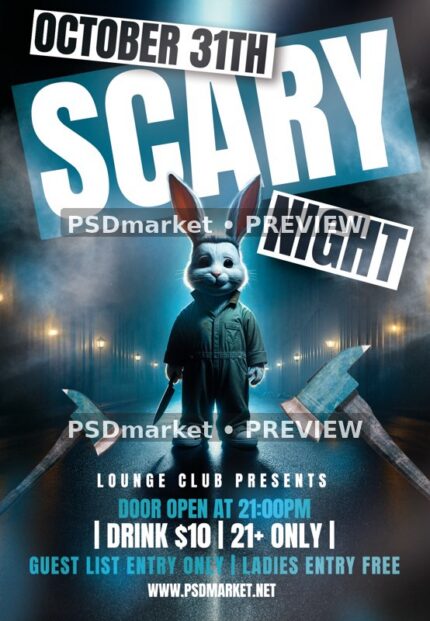 Foggy Rabbit Scary Night Halloween Flyer PSD Template — reduced watermarked source artwork preview