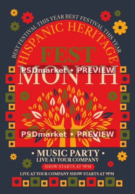 Folk Tree Hispanic Heritage Music Festival Flyer PSD Template — PSD template preview