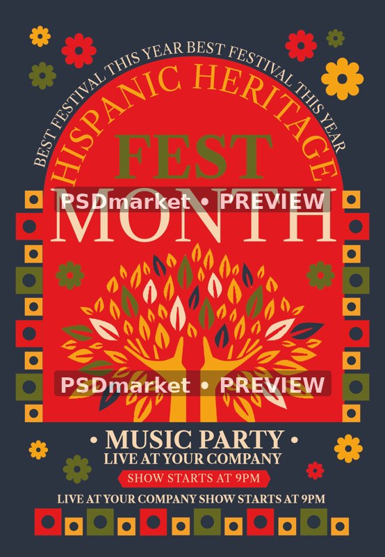 Folk Tree Hispanic Heritage Music Festival Flyer PSD Template — PSD template preview