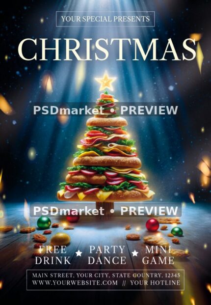 Food Stack Christmas Tree Party Flyer PSD Template — reduced watermarked source artwork preview