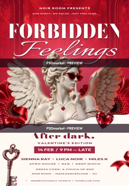 Forbidden Feelings red Valentine's nightclub flyer with a winged marble sculpture, red sunglasses, roses and two PSDmarket preview watermark bands.