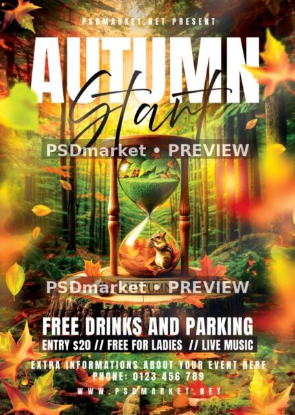 Forest Hourglass Autumn Start Flyer PSD Template — PSD template preview