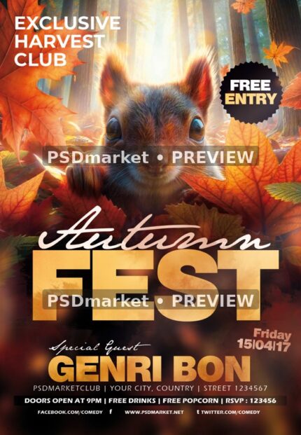 Forest Squirrel Autumn Fest Flyer PSD Template — PSD template preview