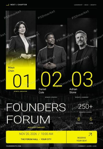 Founders Forum business conference flyer with three speaker portraits, black and yellow design, and PSDmarket watermarks