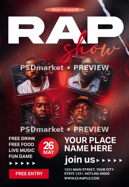 Four-Performer Rap Show Flyer — reduced watermarked preview of the supplied artwork