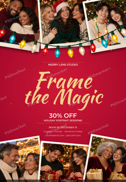 Watermarked Frame the Magic Christmas photography flyer with six photo frames, rich red background and gold script typography