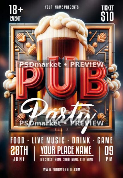 Framed Beer Glass Pub Party Flyer — reduced watermarked source artwork preview