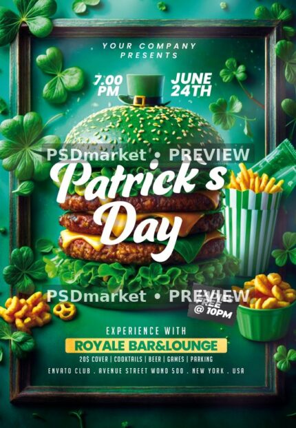 Framed Green Burger Patrick's Day Flyer PSD Template — PSD template preview