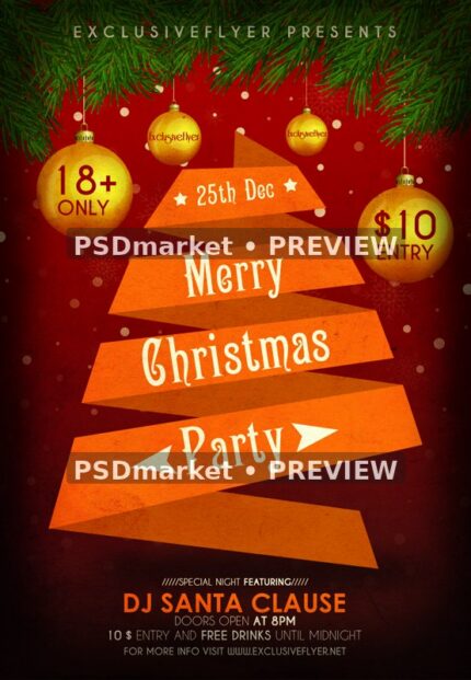Free Gold Ribbon Christmas Tree Party Flyer PSD Template — reduced watermarked source artwork preview