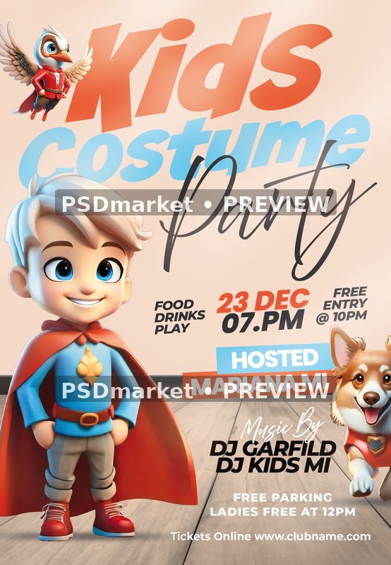 Free Superhero Boy Kids Costume Party Flyer — reduced watermarked source artwork preview
