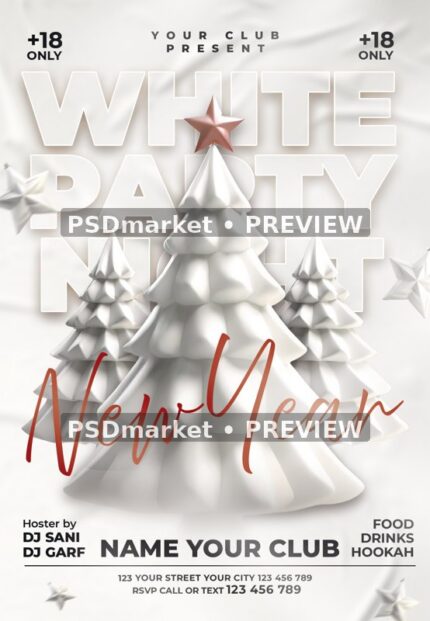 Free White Sculpted Trees New Year Party Flyer PSD Template — reduced watermarked source artwork preview
