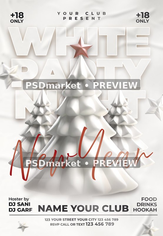 Free White Sculpted Trees New Year Party Flyer PSD Template — PSD template preview