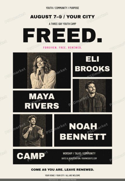 Freed Camp flyer with bold layered typography, original fictional portrait collage and distressed paper; protected watermarked preview