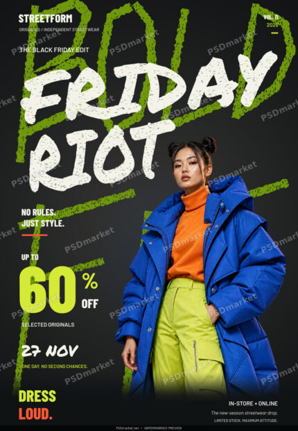 Friday Riot Black Friday Streetwear Sale Flyer PSD Template with the standard PSDmarket watermark