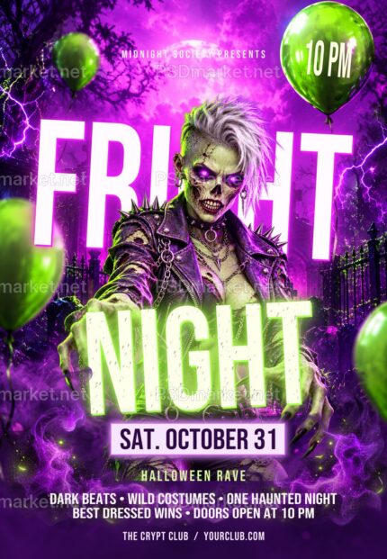 Fright Night Neon Halloween Flyer PSD Template — PSD template preview