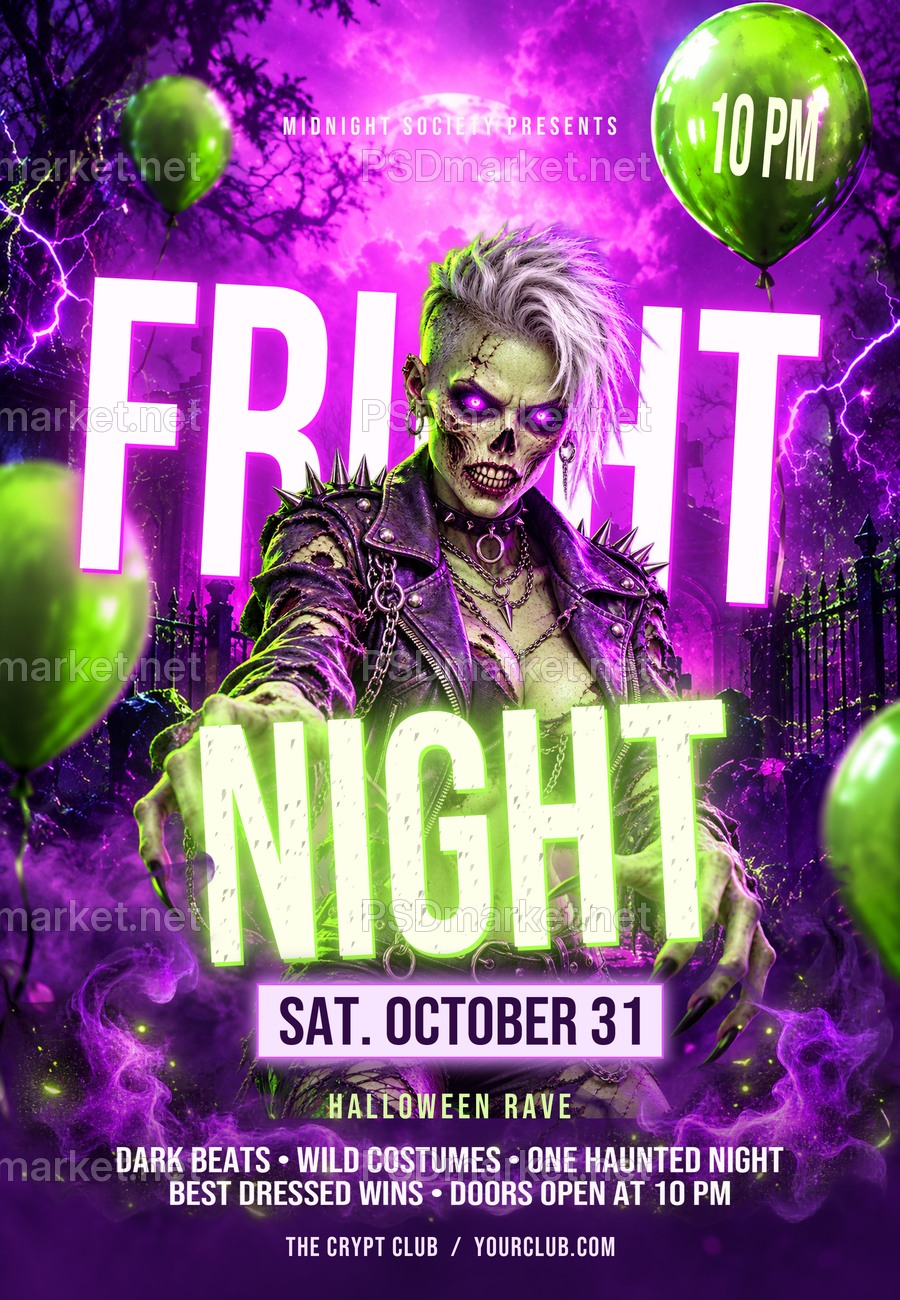 Fright Night Neon Halloween Flyer PSD Template — PSD template preview
