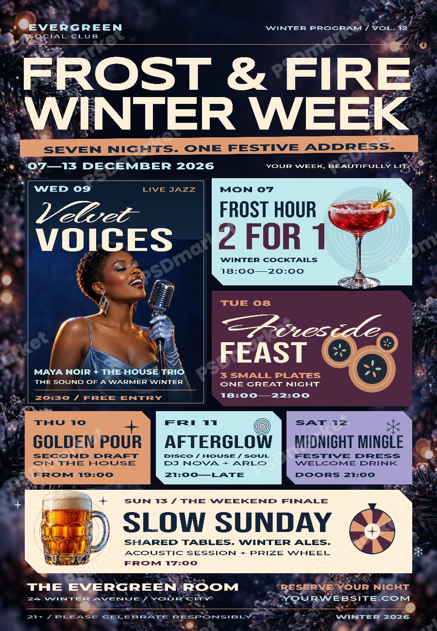 Frost and Fire Winter Weekly Events Flyer PSD Template — PSD template preview