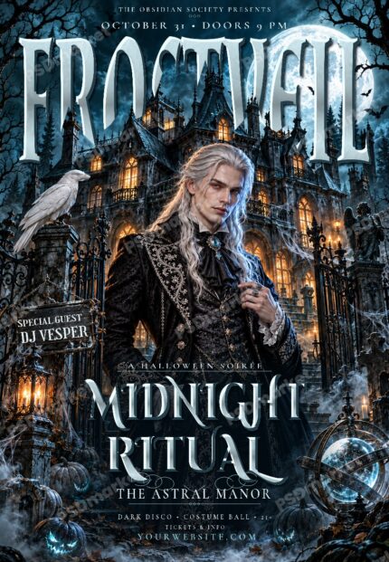 Frostveil gothic Halloween flyer with editable icy silver title, pale-haired vampire, white raven and moonlit manor; diagonal PSDmarket watermark