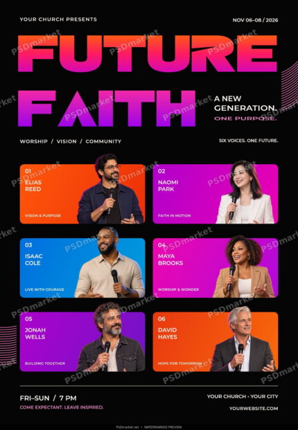 FUTURE FAITH church conference flyer with gradient headline and six speaker cards, protected PSDmarket preview