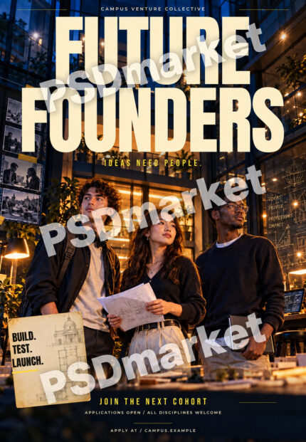 Future Founders campus startup flyer with three fictional founders and editable cream headline