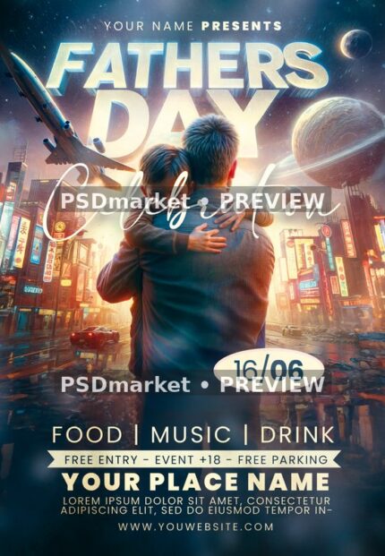 Futuristic City Fathers Day Celebration Flyer PSD Template — PSD template preview