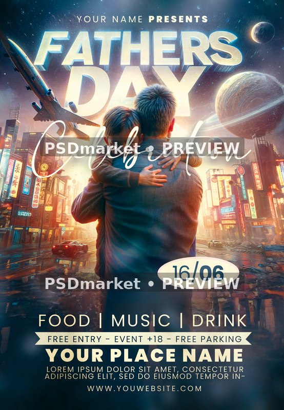 Futuristic City Fathers Day Celebration Flyer PSD Template — PSD template preview
