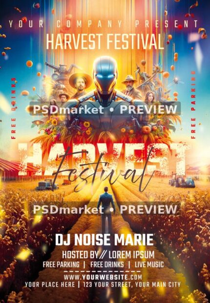 Futuristic Robot Harvest Festival Flyer PSD Template — PSD template preview
