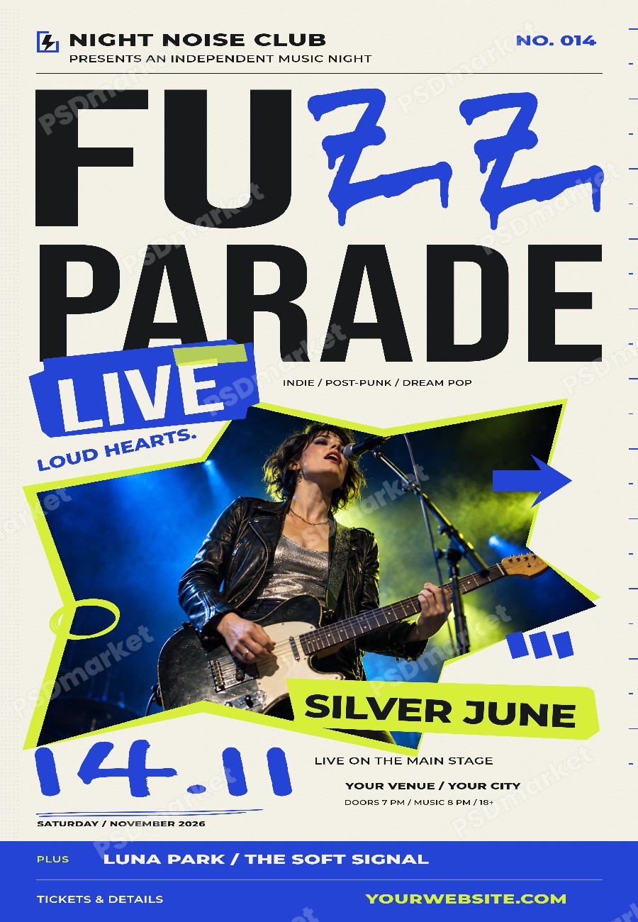Fuzz Parade Indie Rock Live Music Flyer PSD Template — PSD template preview