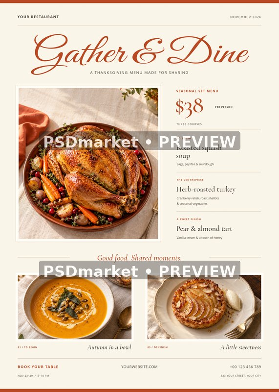 Gather & Dine Thanksgiving Menu Flyer PSD Template — PSD template preview