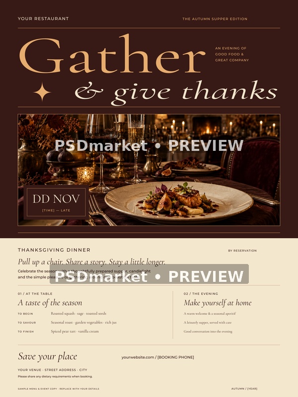Gather & Give Thanks Thanksgiving Dinner Flyer PSD Template — PSD template preview
