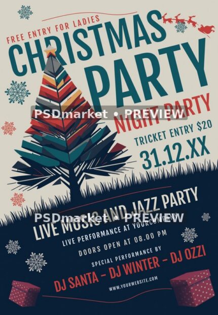 Geometric Tree Christmas Jazz Party Flyer PSD Template — reduced watermarked source artwork preview