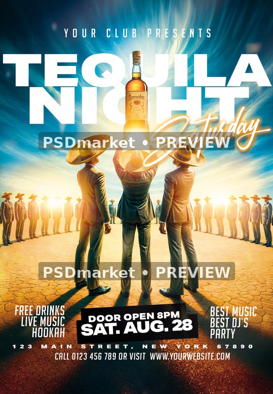 Giant Bottle Desert Circle Tequila Saturday Flyer PSD Template — PSD template preview