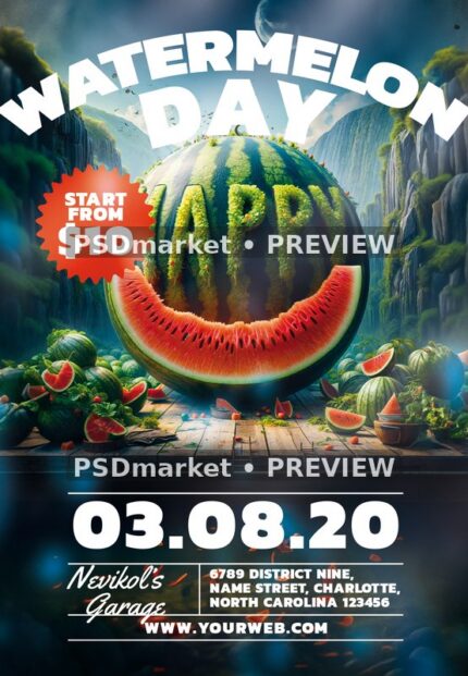 Giant Melon Canyon Watermelon Day Flyer PSD Template — PSD template preview