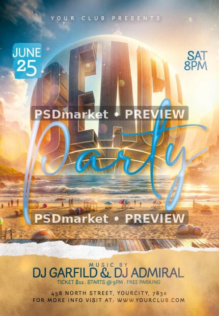 Giant Sphere Beach Party Flyer PSD Template — PSD template preview