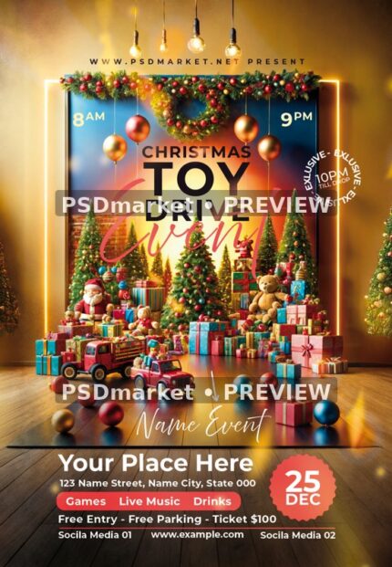 Gift Display Christmas Toy Drive Flyer PSD Template — reduced watermarked source artwork preview