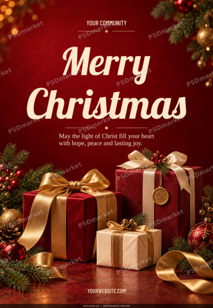 Red and gold Christmas greeting flyer with velvet gift boxes, ribbon bows, fir branches and cream lettering.