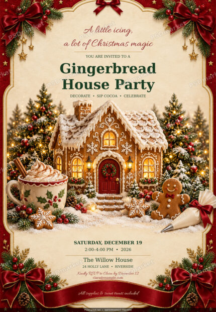 Watermarked gingerbread house party invitation with an illuminated cookie house, cocoa, iced cookies, Christmas trees, red bows and editable serif and script lettering.
