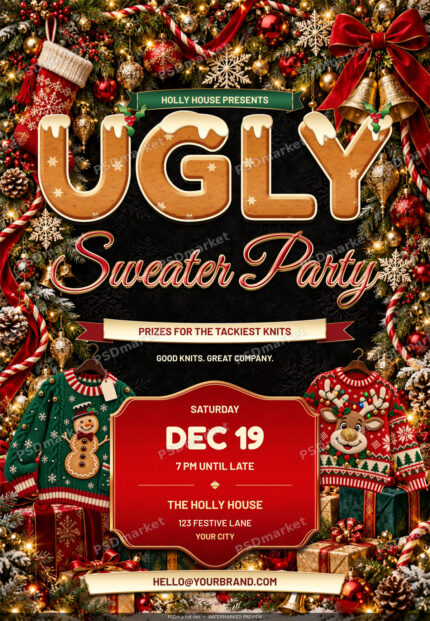 Watermarked preview of Gingerbread Ugly Sweater Party PSD Flyer