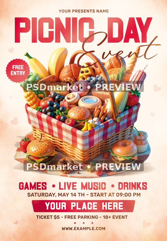 Gingham Basket Picnic Day Event Flyer — reduced watermarked source artwork preview