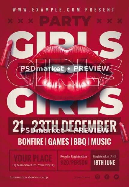 Glossy Red Lips Girls Party Flyer PSD Template showing a large pair of glossy red lips with white teeth sits over repeated girls lettering on a burgundy background with two PSDmarket preview watermarks